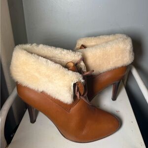 Coach Tan Leather Ankle Booties with Cream Shearling Cuff